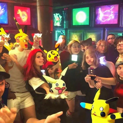 Prompt: pokemon party in a techno nightclub in berlin