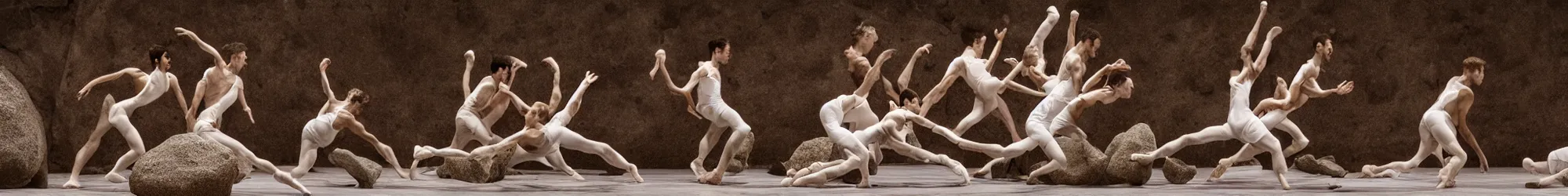 Prompt: a horde of sisyphusses pushing a huge boulder through an empty space, white background, ballet performance photography