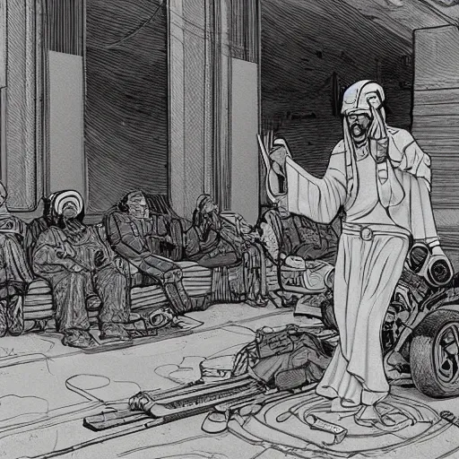 Prompt: Hosea the Beggar priest with cybernetic headset in a busy spaceport on Poseidon 5 colony. Gritty Concept art by James Gurney and Mœbius.