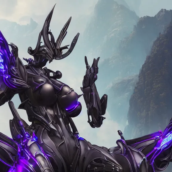 Image similar to extremely detailed cinematic low ground shot of a giant 1000 meter tall beautiful stunning female warframe goddess, that's an anthropomorphic hot robot mecha female dragon, silver sharp streamlined armor, detailed head, sharp claws, glowing Purple LED eyes, sitting cutely on a mountain in the background, a tiny forest with a village in the foregri, dragon art, warframe fanart, Destiny fanart, micro art, macro art, giantess art, fantasy, goddess art, furry art, furaffinity, high quality 3D realism, DeviantArt, Eka's Portal, HD, depth of field