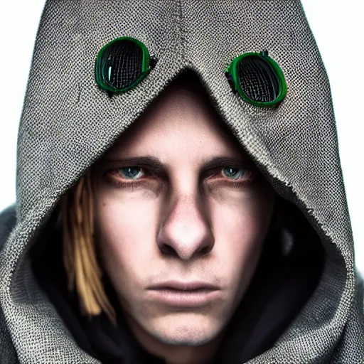 Image similar to medium shot 3 / 4 portrait of a hooded human whose been surgically embellished with computer circuitry and devices, piercing glare in the eyes, dark bokeh in background, light from top right, diverse textures