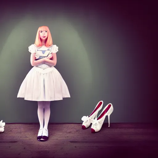 Image similar to beautiful full body portrait of cute alice in wonderland, middle aged, atmospheric, 4 k, strap shoes, white rabbit in background