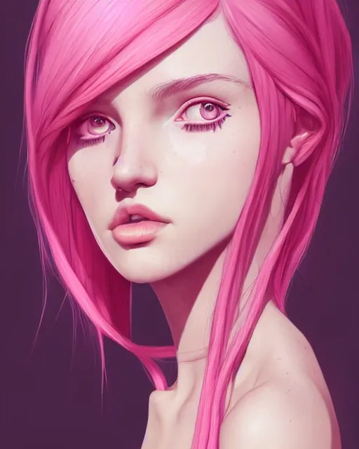 Image similar to portrait of beautiful girl with pink hair, low cut dress, boho chic. symmetry face, fine details. realistic shaded lighting, by sakimichan, kidmo, trending on pixiv, trending on artstation