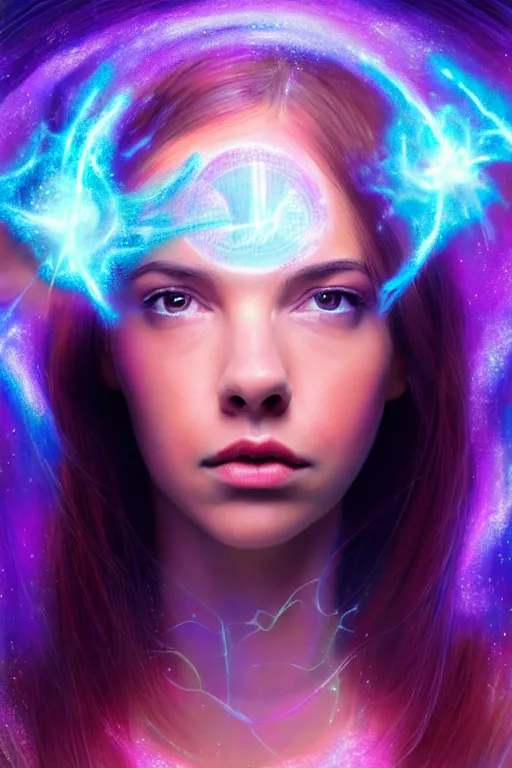 Image similar to a photorealistic painting of an attractive young girl, clothed in ethereal forcefields, surrounded by colorful transparent plasma, emitting psychic powers, beautiful bone structure, perfectly symmetrical face, perfect eyes, intricate, elegant, ultra-detailed, digital painting, concept art, illustration, sharp focus, minimal artifacts, volumetric lighting, from Valerian and the City of a Thousand Planets, in the style of Artgerm and Loish, fantasy scene, fantasy aesthetic, trending on Artstation and Tumblr, award winning