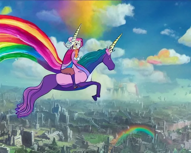 Prompt: the rainbow unicorn from adventure time with Fin and Princess bubblegum riding on top flying through a ruined city in hyper realistic style