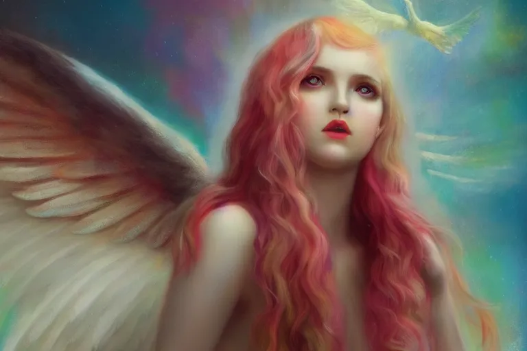 Image similar to pretty angel girl with wings photograph in the style of tom bagshaw, colorful, realistic, 8 k