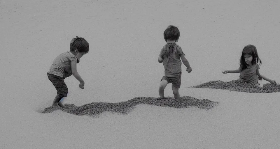 Image similar to little boy and girl play in sand in beach , Line art, b&w, high quality, how to draw, trending on artstation