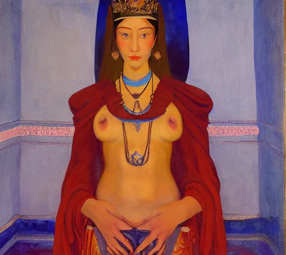 Image similar to an oil painting a queen standing in a throne room by nicholas roerich, by gustave moreau, by james hawe, by frank frazetta, by georgia o keeffe, highly detailed, realistic, realism, manierism, oil painting