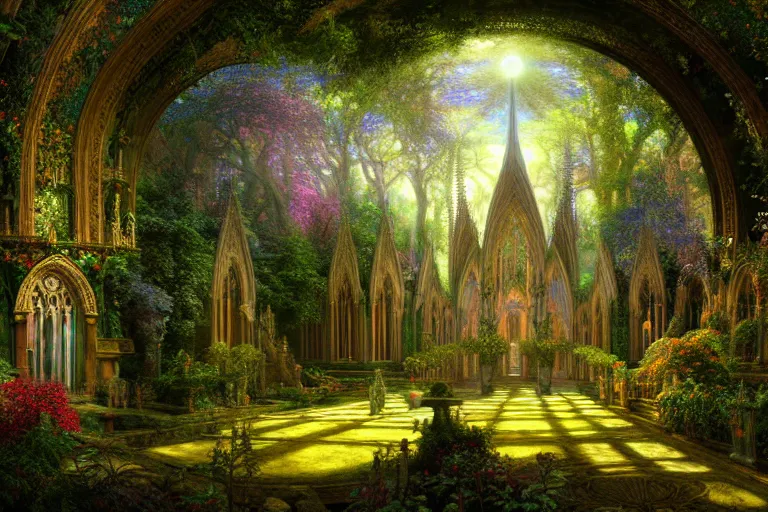 Image similar to a beautiful and highly detailed digital painting of an elven cathedral in a beautiful garden in a mystical forest, psychedelic, intricate details, cgsociety, 8 k, sharp focus, hyperrealism, by caspar friedrich, albert bierstadt, james gurney, brian froud,