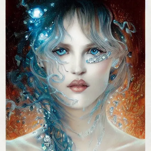 Prompt: a beautiful woman wearing a white dress made of silver with jewelry and diamonds by karol bak, ayami kojima, arabian blue eyes, concept art, fantasy