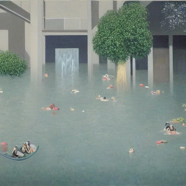 Prompt: painting of flood waters inside an apartment, tall female emo art student, a river flooding indoors, tangelos, pigs, ikebana, water, river, rapids, waterfall, black swans, canoe, pomegranate, berries dripping, acrylic on canvas, surrealist, by magritte and monet