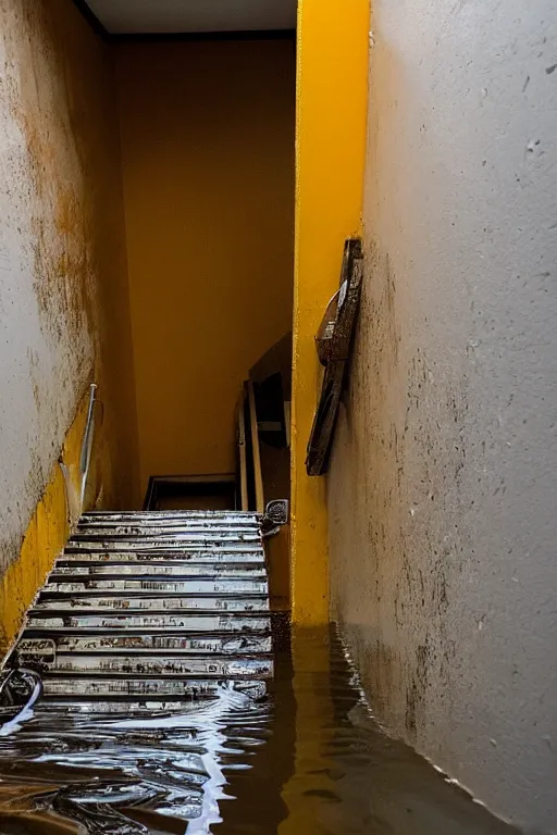 Prompt: a flooded stairway filled with orange juice, horror 1024 A