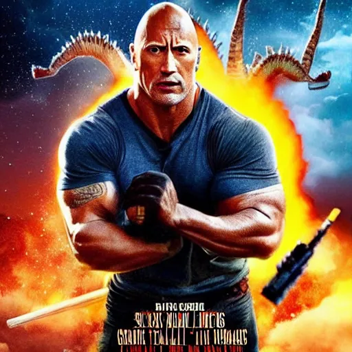 Image similar to movie poster of dwayne johnson with a baseball bat fighting king ghidorah outside a space station