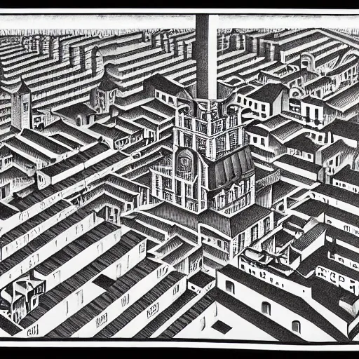 Image similar to a huge foot in the middle of a tiny city, by m. c. escher