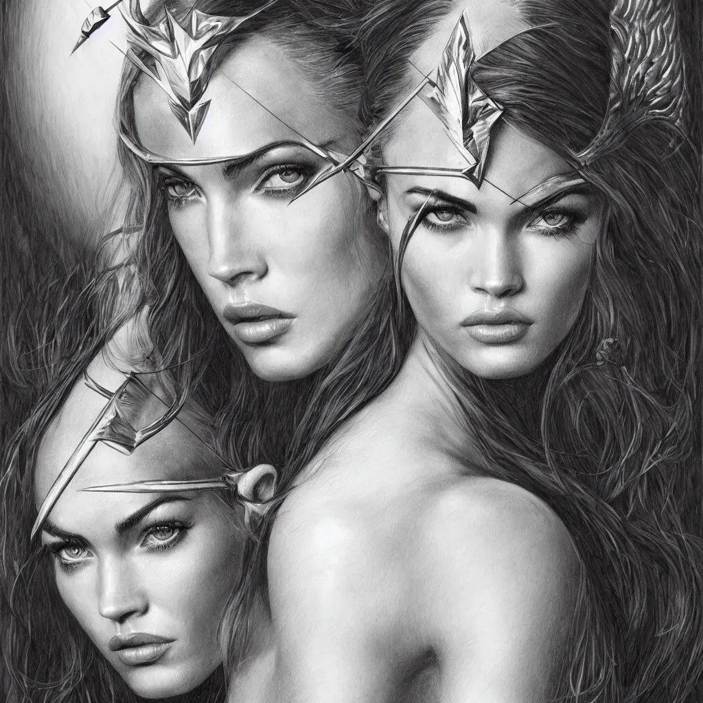 Image similar to portrait of beautiful megan fox as greek goddess aphrodite, archer, arrow on the head, beautiful piercing eyes, flowing blonde hair, realistic face, black and white drawing, in the style of greg rutkowski, fantasy, amazing detail, epic, intricate, elegant, smooth, sharp focus