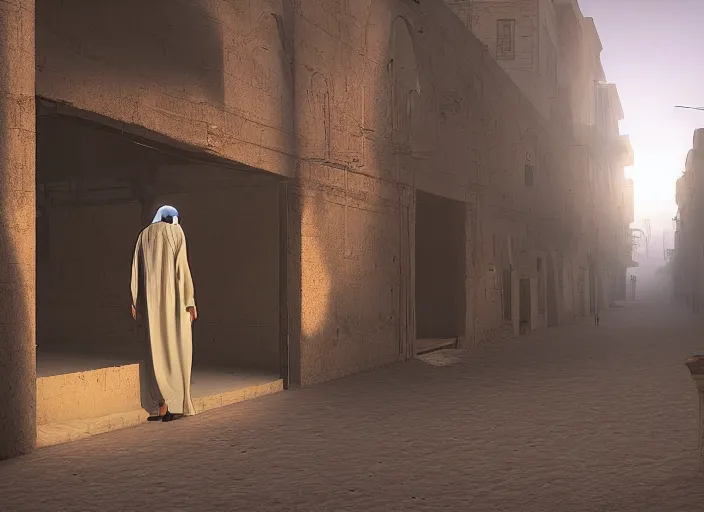 Image similar to old jeddah city alley, roshan, old shops, horse, magical glowing sand gateway to another dimension, a man wearing a white robe standing watching over, fantasy, dramatic lighting, dawn, by caspar david friedrich, unreal engine 5