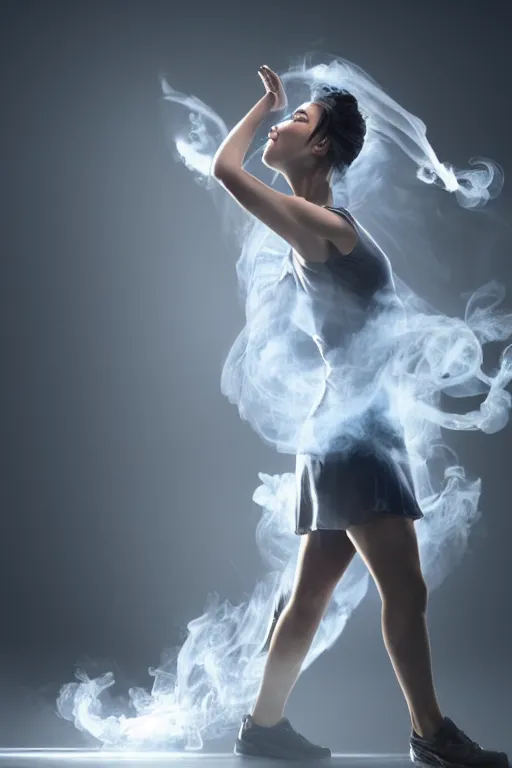 Image similar to a woman turning into smoke, dancing, atmospheric, octane render, volumetric light