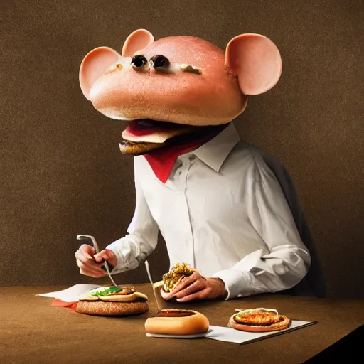 Image similar to an anthropomorphic rat!!!!! sitting at a desk, eating a burger, photorealism, 4 k, 8 k, shot by jimmy nelson, intricate