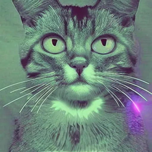 Prompt: a cat with laser eyes, lasers shooting, epic, trending, underground art, acid trip, dmt, cat