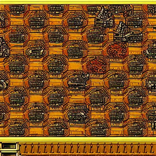 Image similar to HD 16-bit vivid art, of Dune 2 mentat and harvester, at Arrakis, 1990s 2D game graphics, many round shihing gems at the golden border frame