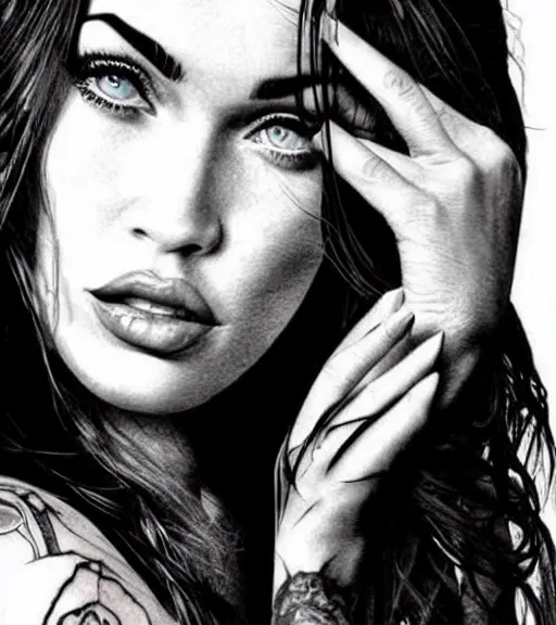 Prompt: megan fox face double exposure with beautiful mountains, tattoo sketch, hyper - realistic, in the style of matteo pasqualin, amazing detail, sharp, black and white