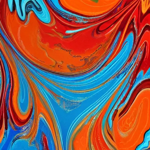 Image similar to pour paint art, marbling, orange and red color scheme, floral style