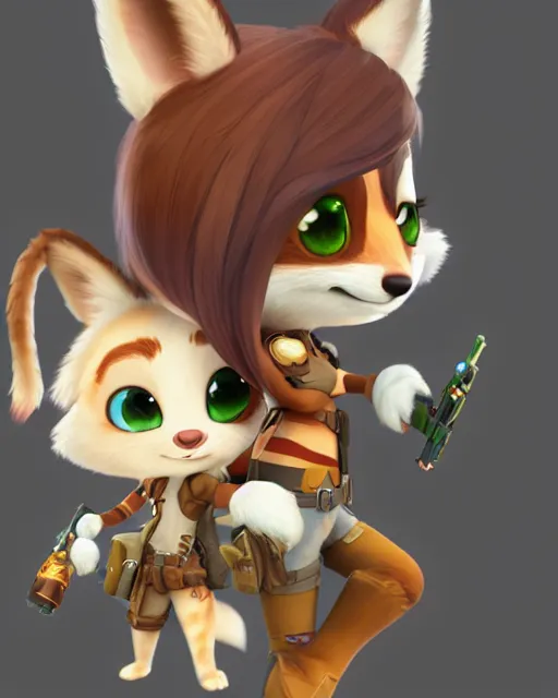 Image similar to female furry mini cute style, highly detailed, rendered, ray - tracing, cgi animated, 3 d demo reel avatar, style of maple story and zootopia, maple story gun girl, fox from league of legends chibi, soft shade, soft lighting