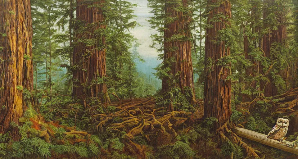 Prompt: epic painting of a coastal redwood forest, an owl sits on a park bench in the lower right, Joachim Patinier