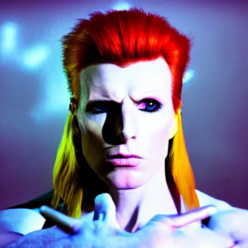 Image similar to film still photo portrait mugshot of ziggy stardust as a jojo bizarre adventure character, realistic, hyperrealistic, 8 k resolution, hd quality, very detailed, highly detailed, intricate details, real life, real world, trending on artstation, digital art, really realistic, very realistic, headshot, head in frame, photograph, portrait, mugshot