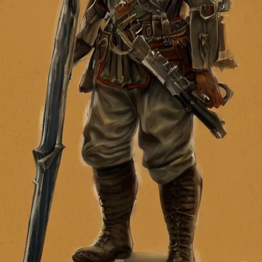 Prompt: Full body concept art of A High fantasy WW1 dwarve soldier holding a enchanted rifle trending on artstation deviantart Pinterest detailed High Resolution HD 8k