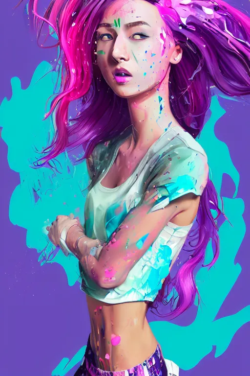 Image similar to a award winning half body portrait of a beautiful woman in a croptop and cargo pants with ombre purple pink teal hairstyle with head in motion and hair flying by artgerm, paint splashes, splatter, outrun, vaporware, shaded flat illustration, digital art, trending on artstation, highly detailed, fine detail, intricate