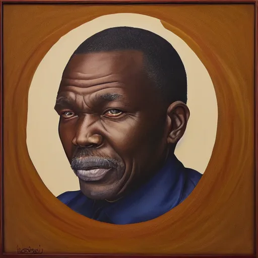 Prompt: a painting of a round face, XXL , fatherly, loving, caring, generous, ever-present, humble, wise elder from Kenya in a suit by Kehinde Wiley . Fatherly/daddy, focused, loving, leader, relaxed,. ethereal lights, details, smooth, sharp focus, illustration, realistic, cinematic, artstation, award winning, rgb , unreal engine, octane render, cinematic light, macro, depth of field, blur, red light and clouds from the back, highly detailed epic cinematic concept art CG render made in Maya, Blender and Photoshop, octane render, excellent composition, dynamic dramatic cinematic lighting, aesthetic, very inspirational, arthouse.