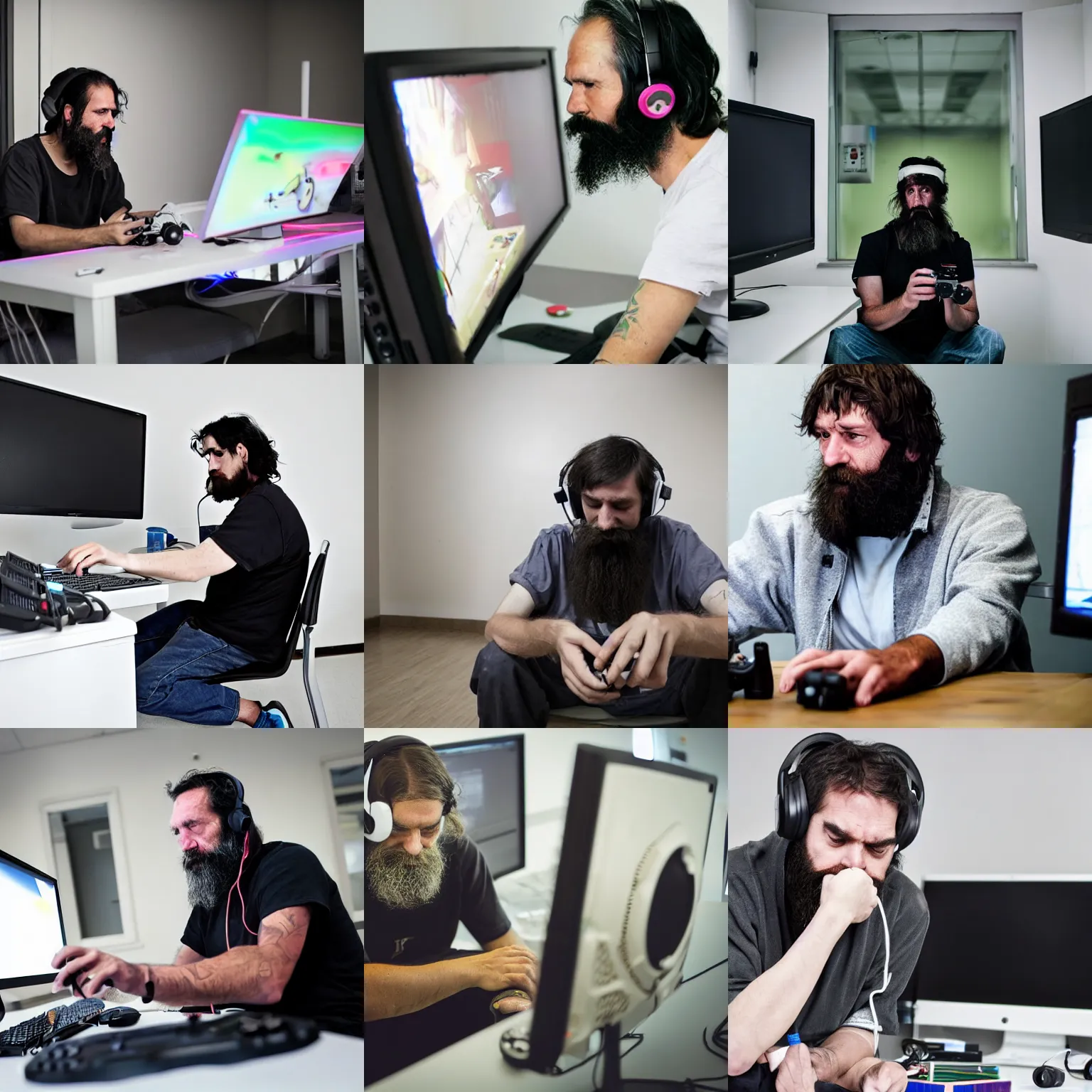 Prompt: Homeless man playing video games in an asylum, looking at a colorful computer monitor, sitting in an empty white room, wearing black headphones, long black hair, long black beard