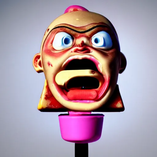 Image similar to ice cream popsicle shaped like screaming chucky doll, octane render, centered, highly detailed