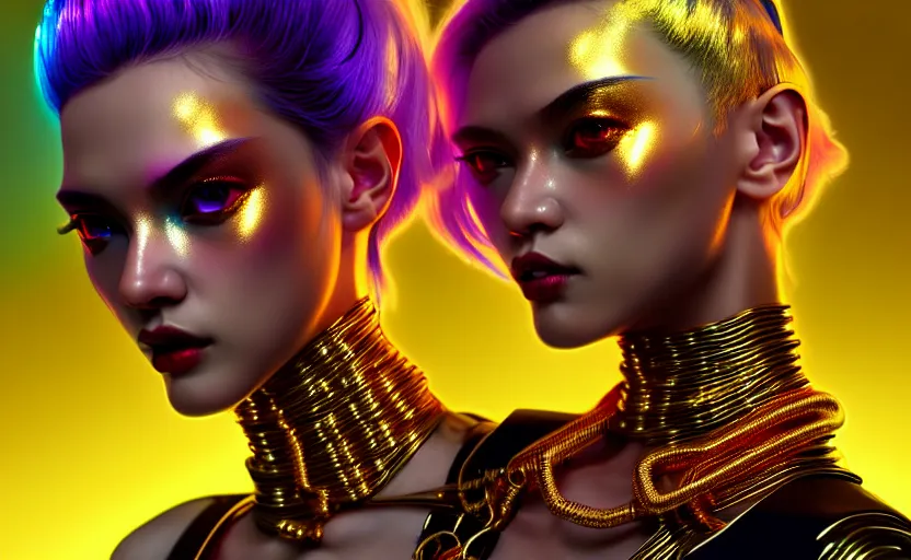 Image similar to hyperdetailed portrait of a stunningly beautiful cyberpunk cute model made of gold metals and shiny iridescent gems, bright rainbow nimbus, gold necklace, gold background inspired by ross tran and masamune shirow and kuvshinov, intricate, photorealistic, octane render, rtx, hdr, unreal engine, dnd digital art by artgerm
