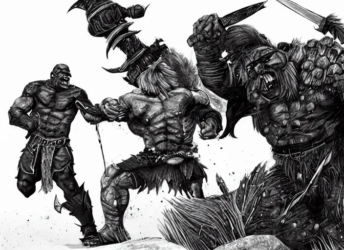 Image similar to a human warrior fighting a orc, black and white fantasy illustration by nils gulliksson