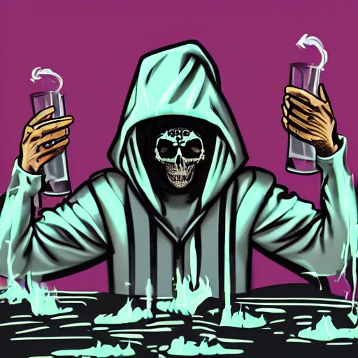 Image similar to Phonk album cover, triple six, 666, ski mask, bandana, hooded figure wearing a bandana over face, skulls, cemetery, sinister, purple drank, lean, Memphis rap, car drifting, flares, smoke, graffiti