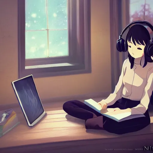 Image similar to Anime painting of a black haired girl wearing headphones while studying in her warm cozy home, by makoto shinkai, relaxed, calm, atmospheric, peacefull, trending on artstation, kimi no na wa