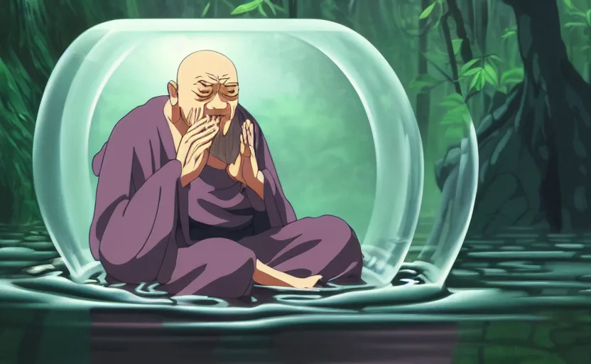 Image similar to a film still portrait of a mauve old monk meditating inside a cubic bubble in a flooded temple jungle. finely detailed features, closeup at the faces, chronenberg, perfect art, grimdark, trending on pixiv fanbox, painted by studio ghibli