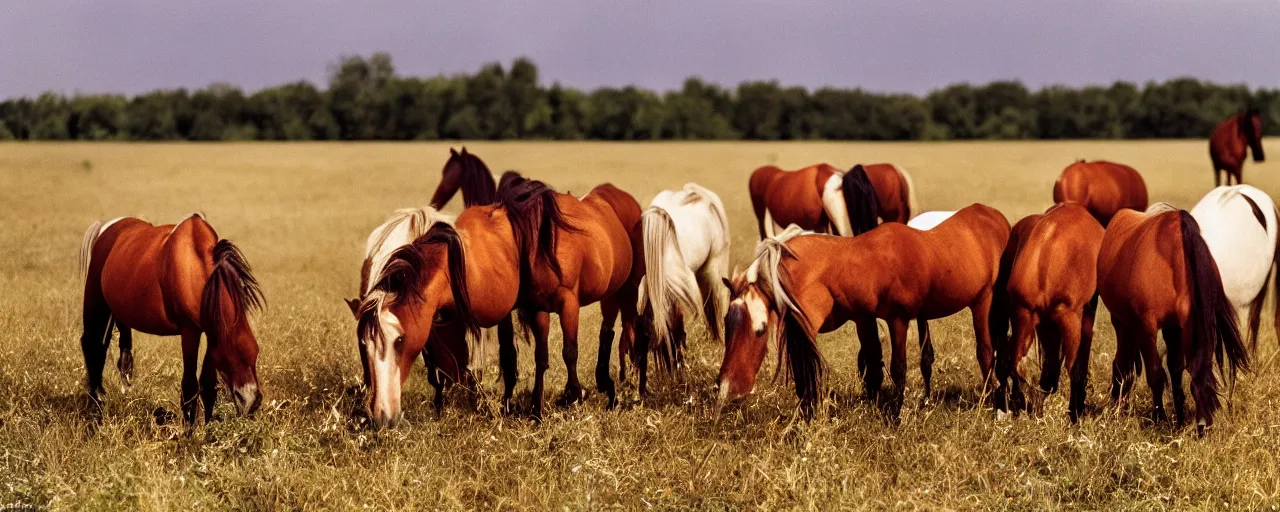 Prompt: wild horses eating spaghetti in a field, in the style of national geographic, canon 5 0 mm, film, kodachrome, retro, muted
