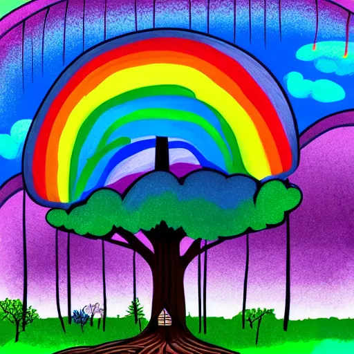 Prompt: : forest park with a tree house after it rained earlyin the morning rainbowin the sky, illustration art style