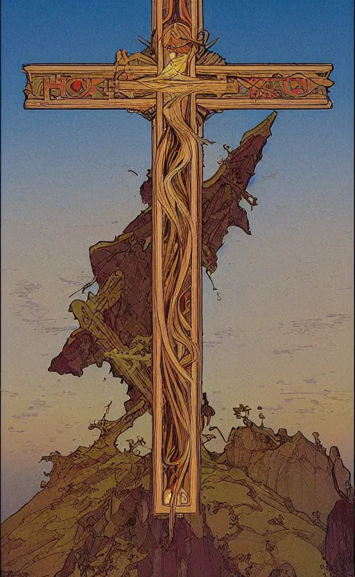 Image similar to a spiritual cross on top of a holy mountain, Mucha, Moebius, Mohrbacher