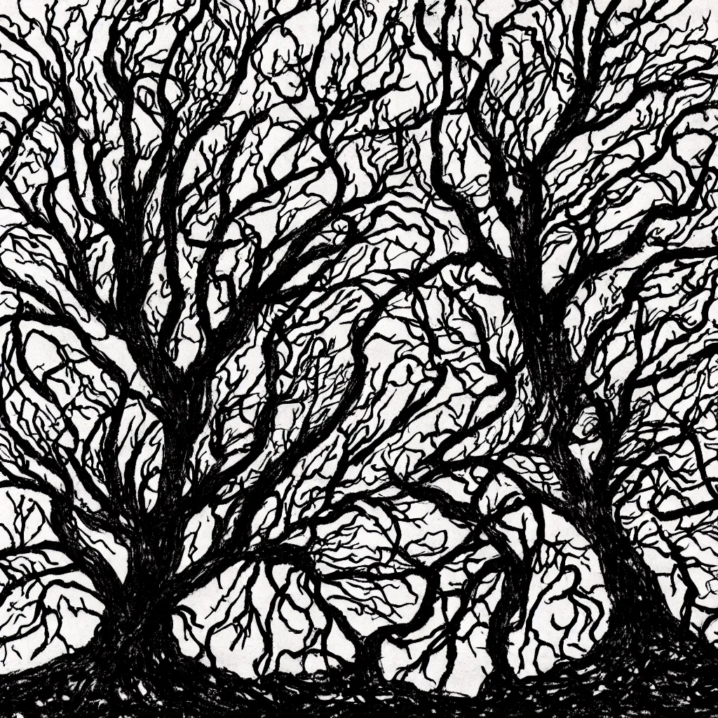 Image similar to ink drawing of tree made of fire dark fantasy dreamlike cinematic lighting dark - red, black, dark gray, red, light - red, orange