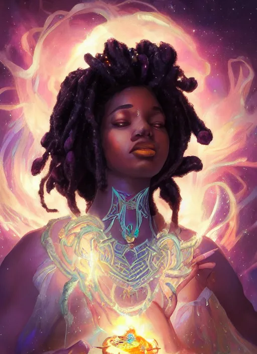 Image similar to beautiful black woman casting magical spells with powerful crystals, beaded dreadlocks and kemetic imagery, digital painting artstation, concept art, matte, sharp focus, illustration, dramatic exploding nebulae, hearthstone, art by artgerm and greg rutkowski and alphonse mucha