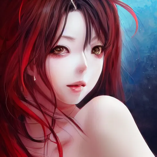 Prompt: semi realistic anime illustration of black haired long hair woman, with beautiful hyperdetailed red eyes, wearing dress, facing camera directly, full face portrait made by Stanley Artgerm, WLOP, Rossdraws, James Jean Andrei Riabovitchev, Marc Simonetti, Yoshitaka Amano, Artstation