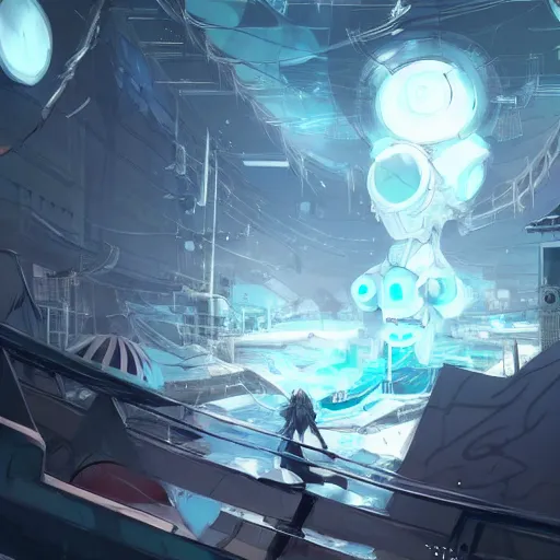 Prompt: white and teal colors. highly detailed post-cyberpunk sci-fi hangar in style of cytus and deemo, mysterious vibes, by Akihiko Yoshida, by Greg Tocchini, nier:automata, set in half-life 2, beautiful with eerie vibes, very inspirational, very stylish, surrealistic, perfect digital art, mystical journey in strange world, bastion game