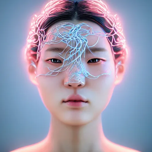 Image similar to intricate highly detailed face portrait of asian - european woman, light blue - pink gradient water vines on her face, intricate, cgsociety, unreal engine, octane render, sharp focus, smooth, volumetric lighting, cinematic composition, artstation