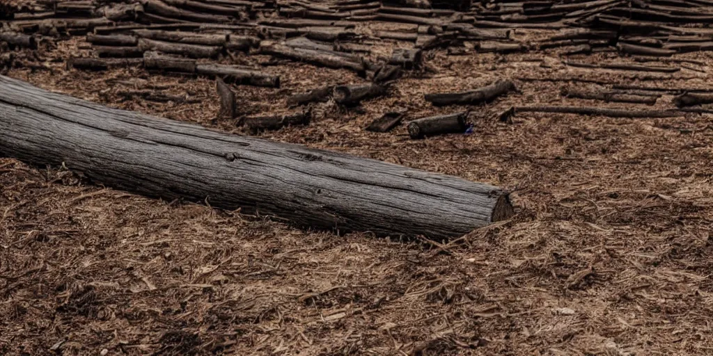 Image similar to ominous log of wood floating in a dusty scenery, dangerous aura, low angle shot