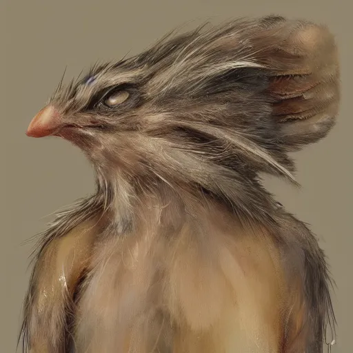 Image similar to portrait character design, a cute feathered mouse, feathers plumage, plumed by brian froud, portrait studio lighting by jessica rossier and brian froud