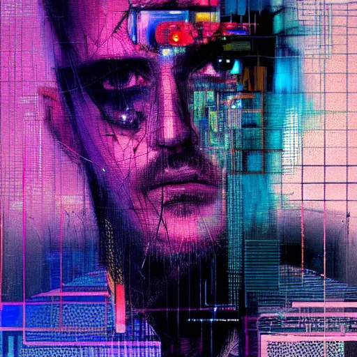 Prompt: hyperrealistic portrait of a cyberpunk character, adult man, long hair, glitch eyes, by Guy Denning, Johannes Itten, Derek Gores, Russ Mills, glitch art, smooth lines, fine detail, polished, complex, hacking effects, holographic, digital tech effects, blue and violet, color blocking!, realistic, acrylic on canvas, concept art, abstract!, symmetrical, 8k, concept art, octane, photorealistic, cgsociety, trending on artstation